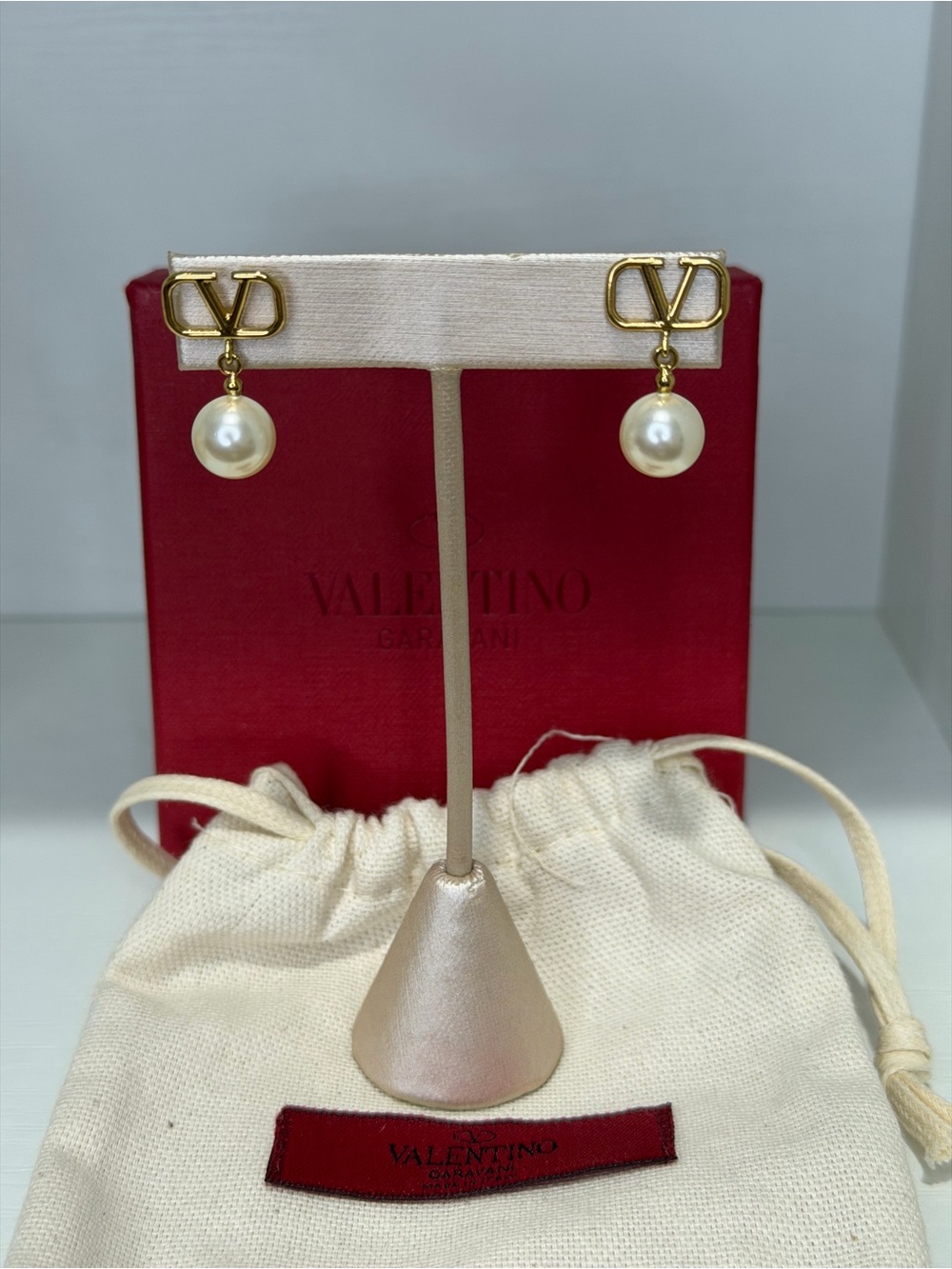 Valentino Gold V-Logo Pearl Drop Earrings
